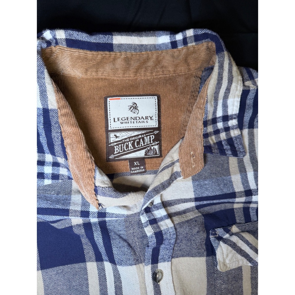 Legendary Whitetails Buck Camp Flannel Shirt Navy Tan Plaid XL Corduroy Trim - Picture 4 of 5